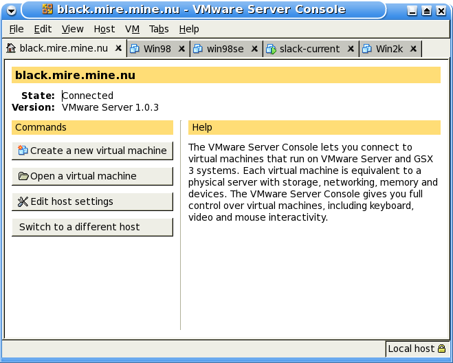 VMware Server Console, connected to local host